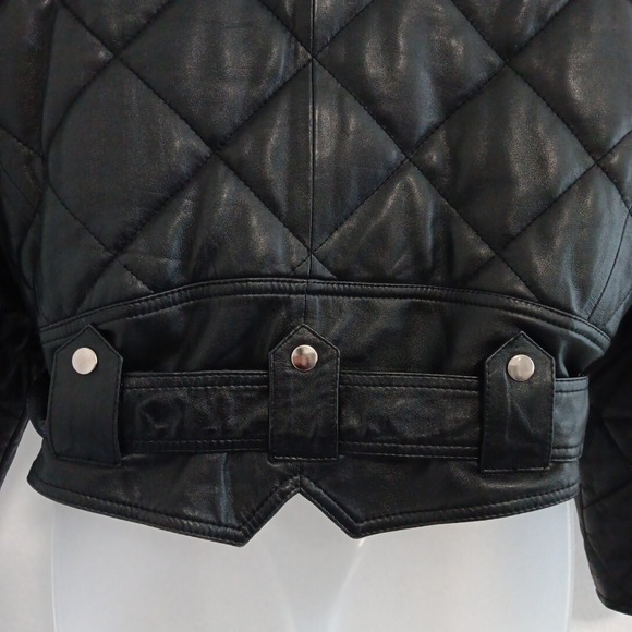 Green Field Leather Jacket Womens Medium MOTO Black Belted Motorcycle Grunge VTG - Picture 7 of 13